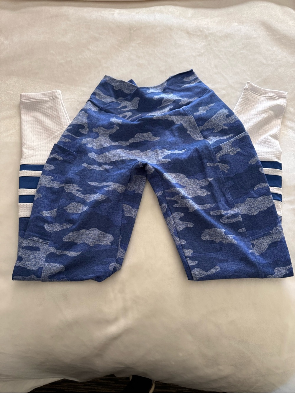 Bombshell Sportswear Blue Camo Leggings with White Stripe Panels